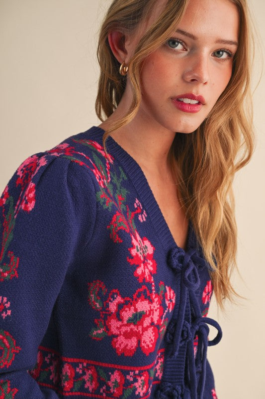Navy Floral Knit Tie-Front Sweater