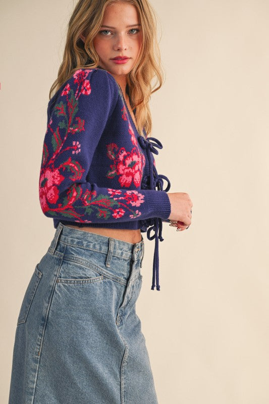 Navy Floral Knit Tie-Front Sweater