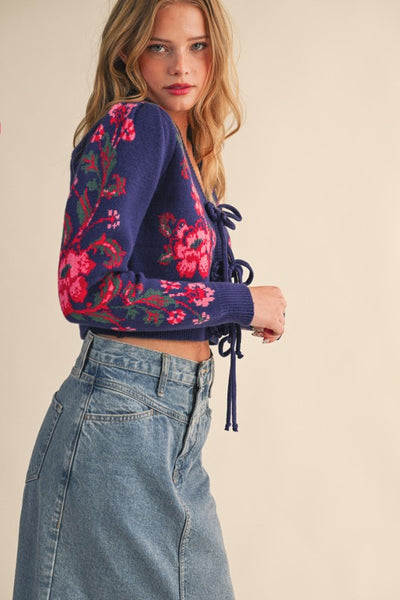 Navy Floral Knit Tie-Front Sweater