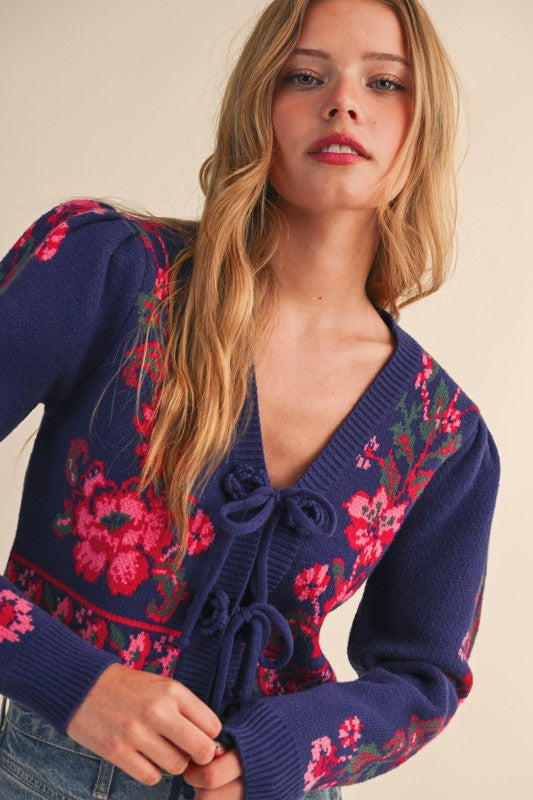 Navy Floral Knit Tie-Front Sweater