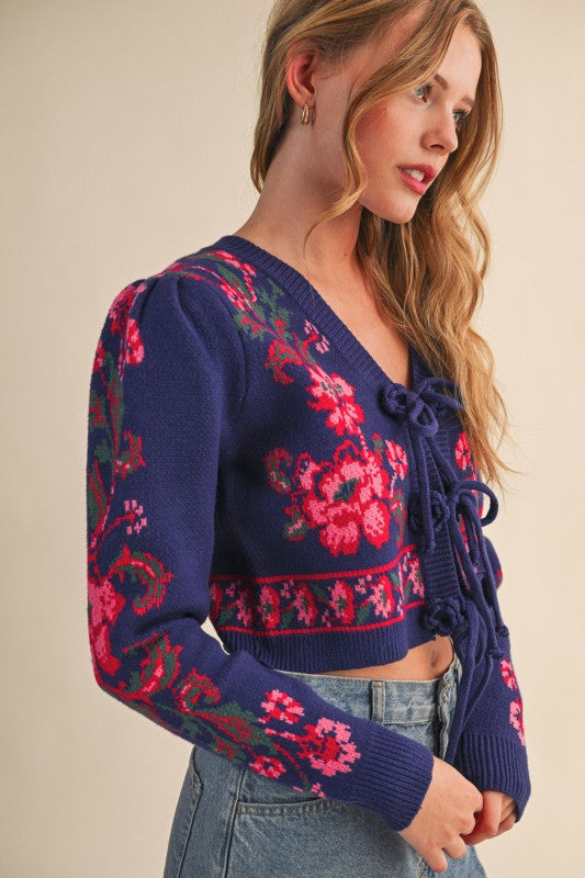 Navy Floral Knit Tie-Front Sweater