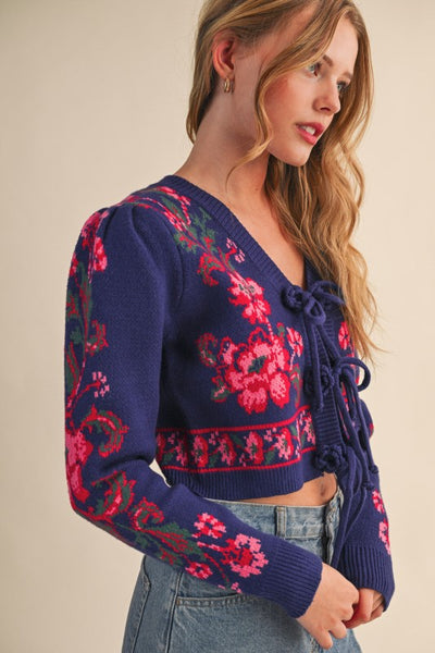Navy Floral Knit Tie-Front Sweater