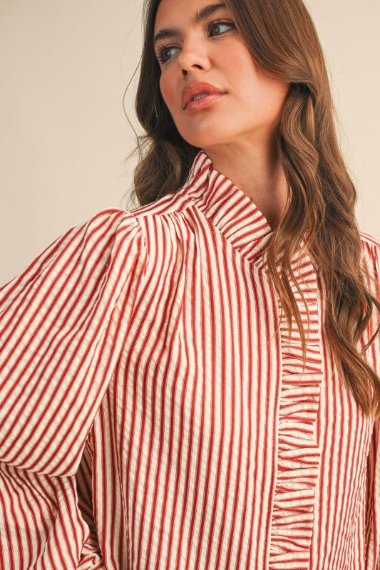 Red Striped Ruffled Button Down Top