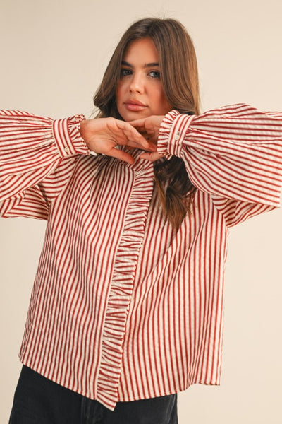 Red Striped Ruffled Button Down Top