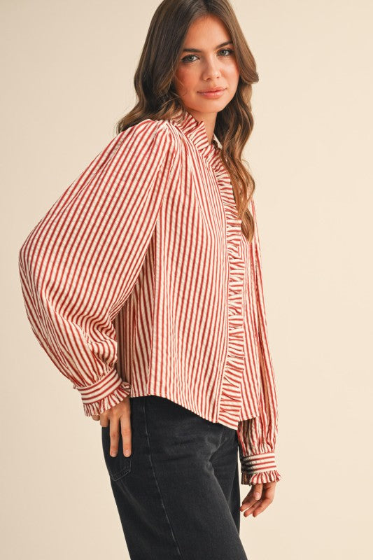 Red Striped Ruffled Button Down Top