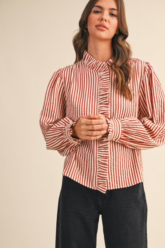 Red Striped Ruffled Button Down Top
