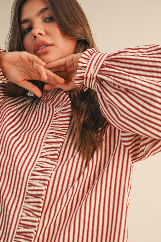 Red Striped Ruffled Button Down Top