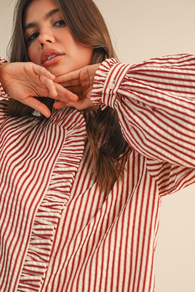 Red Striped Ruffled Button Down Top