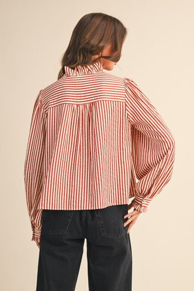 Red Striped Ruffled Button Down Top
