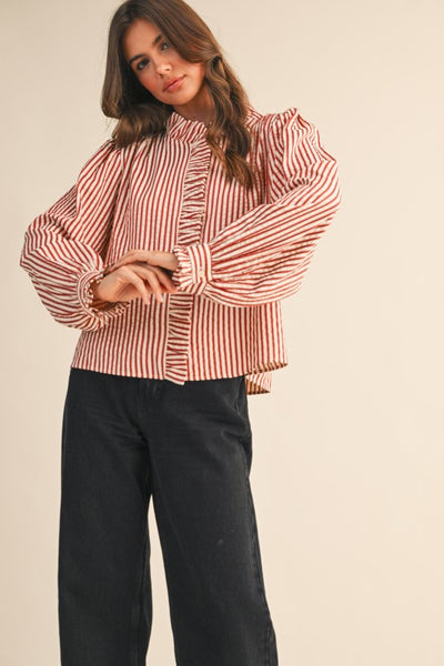 Red Striped Ruffled Button Down Top