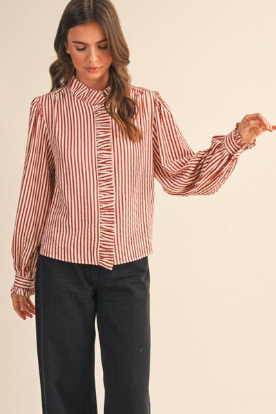 Red Striped Ruffled Button Down Top