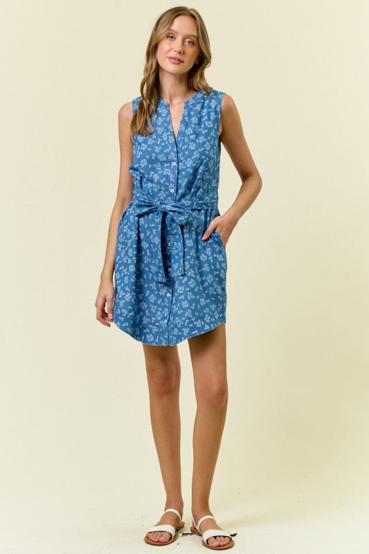 Floral Chambray Denim Shirt Dress