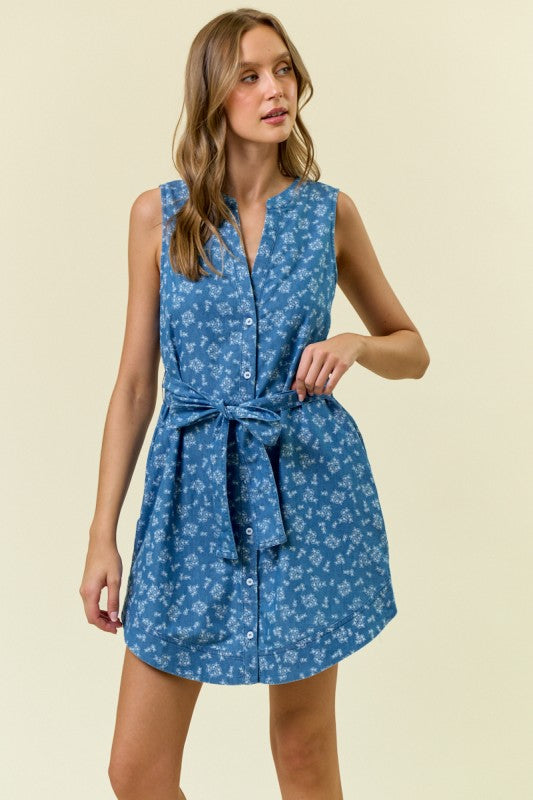 Floral Chambray Denim Shirt Dress
