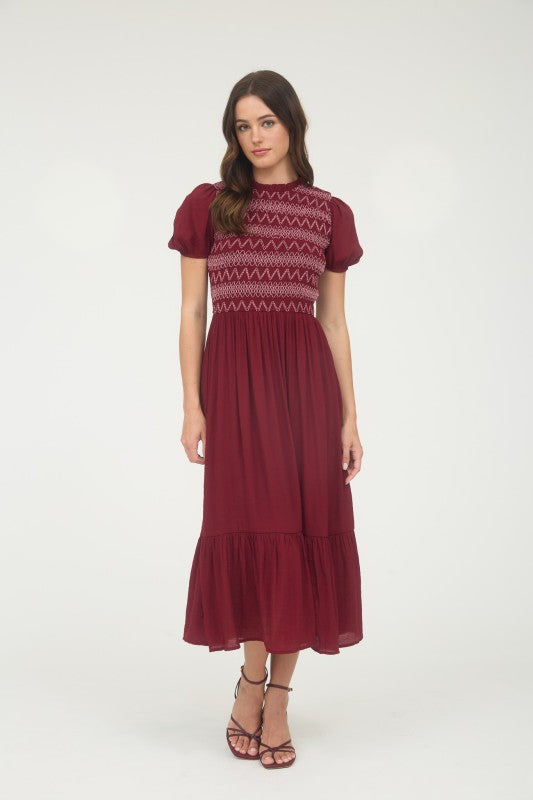 Dark Red Puff Sleeve Midi Dress