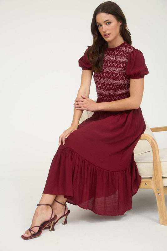 Dark Red Puff Sleeve Midi Dress