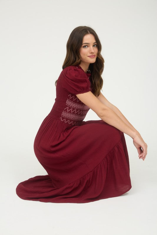 Dark Red Puff Sleeve Midi Dress