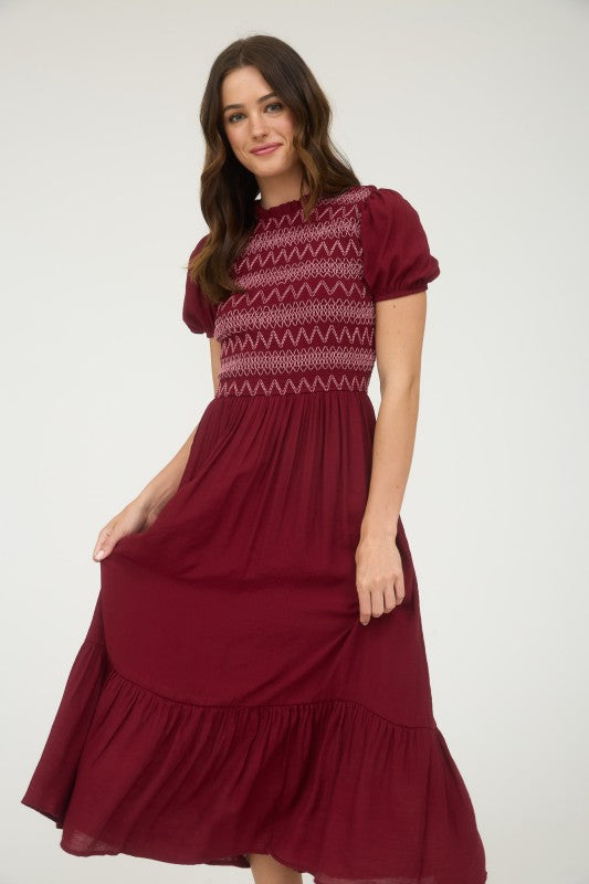 Dark Red Puff Sleeve Midi Dress