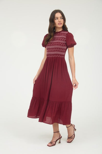 Dark Red Puff Sleeve Midi Dress
