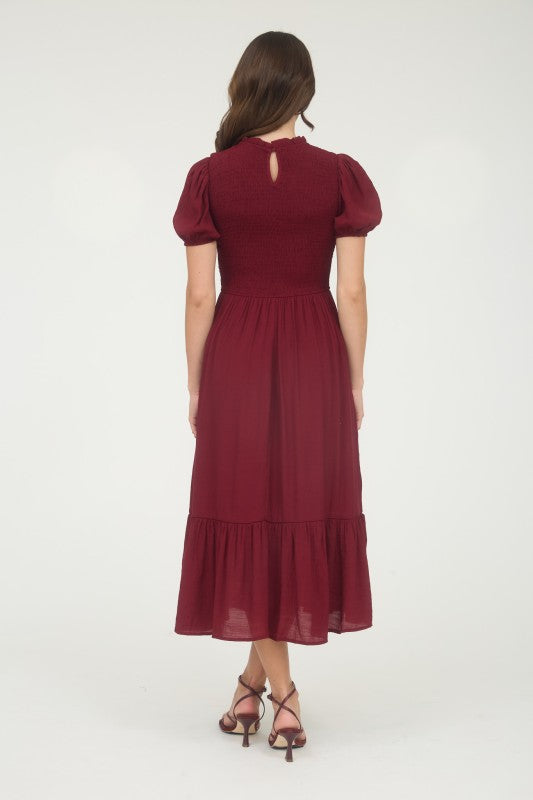 Dark Red Puff Sleeve Midi Dress