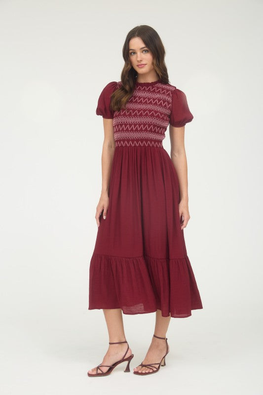 Dark Red Puff Sleeve Midi Dress