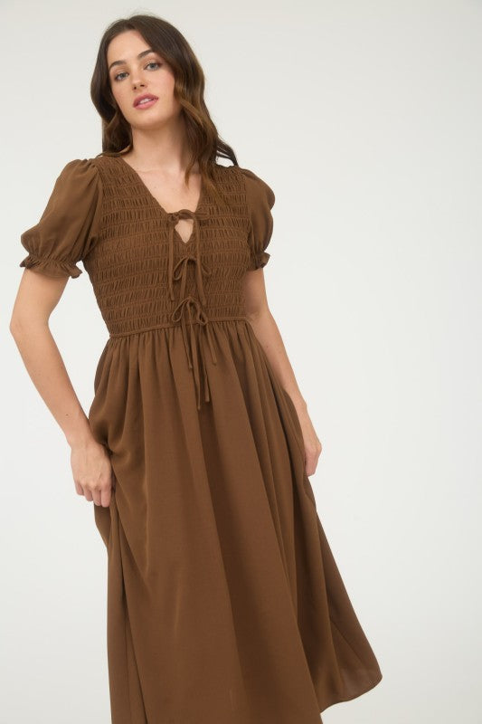 Brown Smocked Puff Sleeve Midi Dress