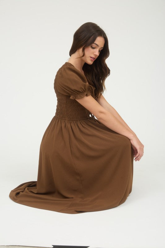 Brown Smocked Puff Sleeve Midi Dress
