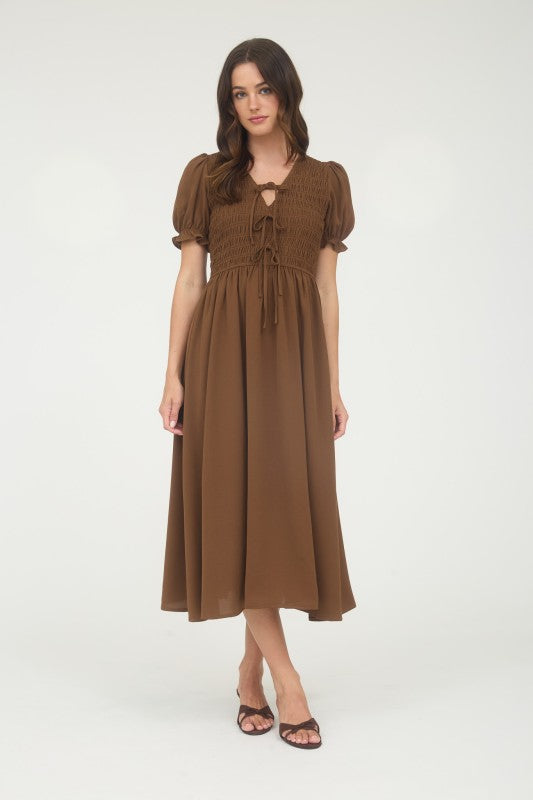 Brown Smocked Puff Sleeve Midi Dress