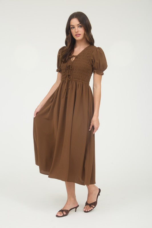 Brown Smocked Puff Sleeve Midi Dress