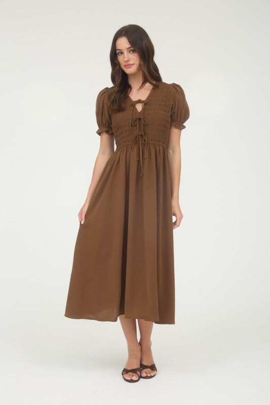 Brown Smocked Puff Sleeve Midi Dress