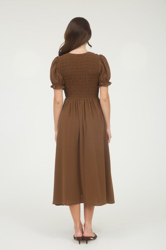 Brown Smocked Puff Sleeve Midi Dress