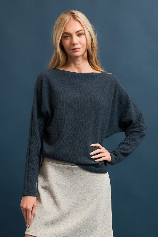 Navy Seersucker Boat Neck Top