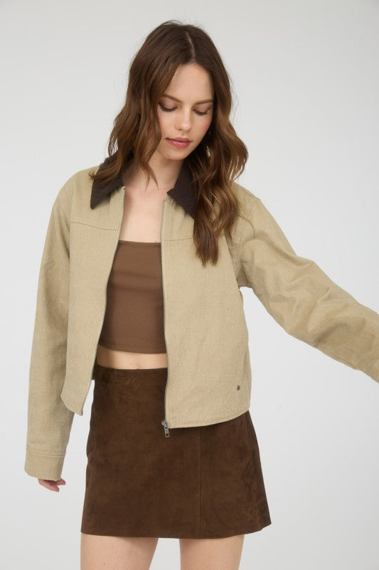 Khaki Corduroy Zip-up Jacket
