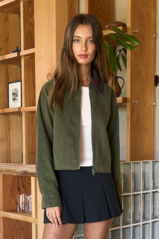 Dark Olive Corduroy Zip-up Jacket