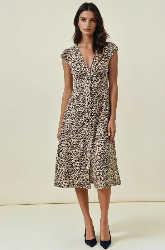 Beige Leopard Print Midi Dress