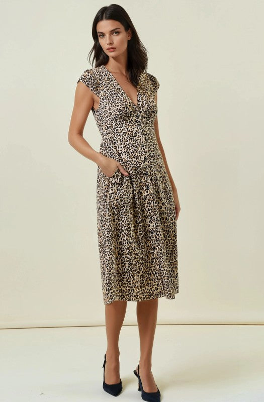 Beige Leopard Print Midi Dress