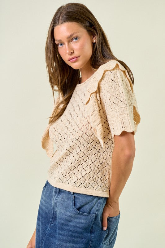 Cream Pointelle Ruffle Top