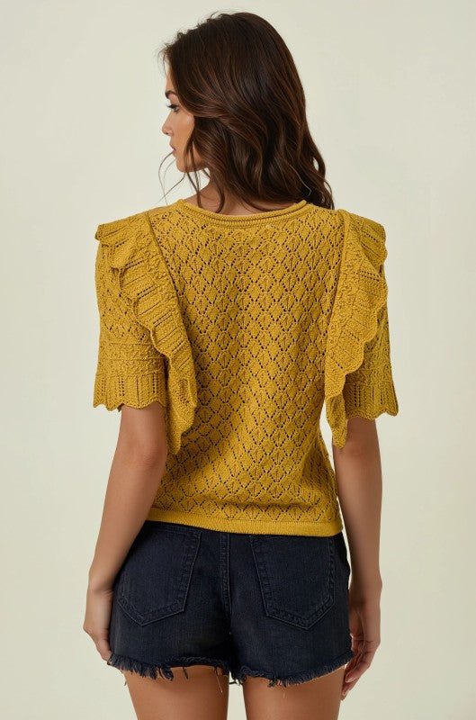 Chartreuse Pointelle Ruffle Top
