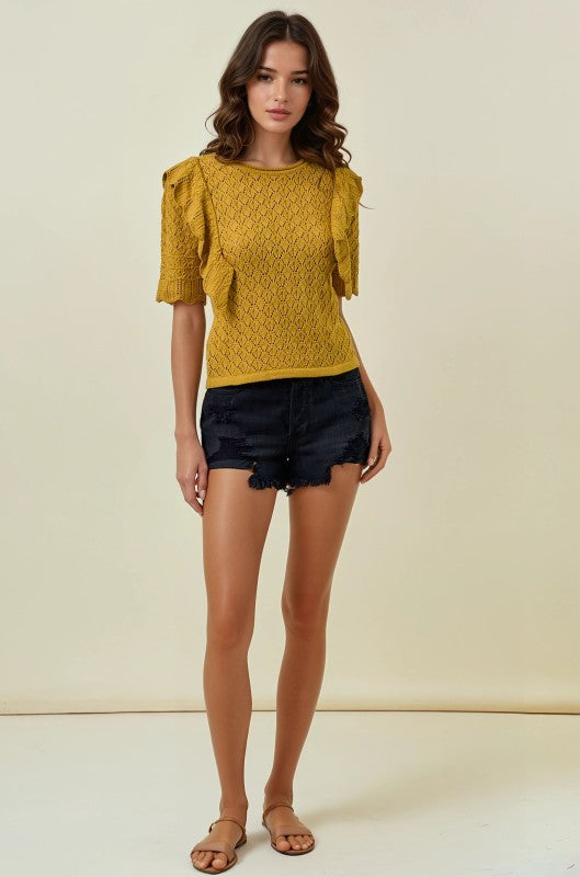 Chartreuse Pointelle Ruffle Top