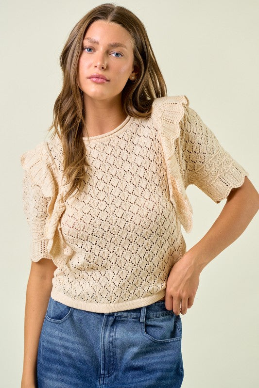 Cream Pointelle Ruffle Top