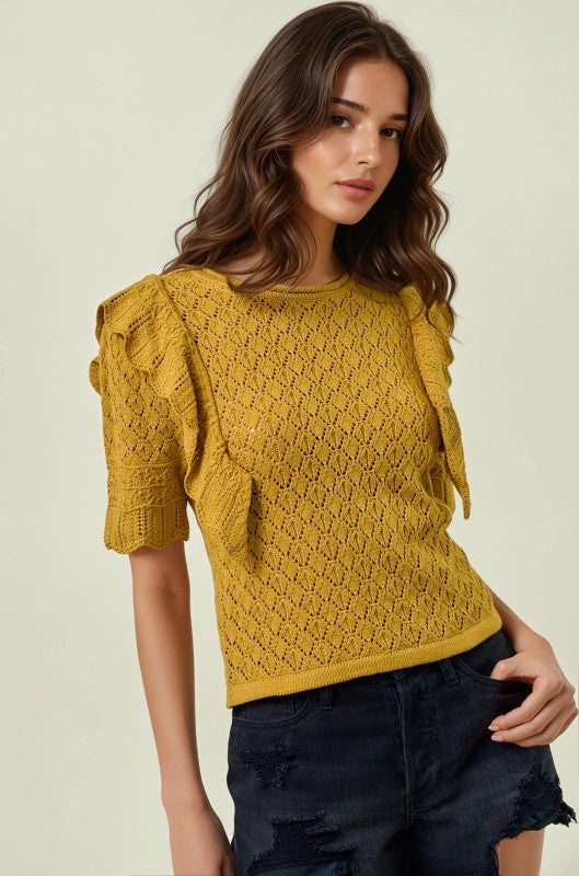 Chartreuse Pointelle Ruffle Top