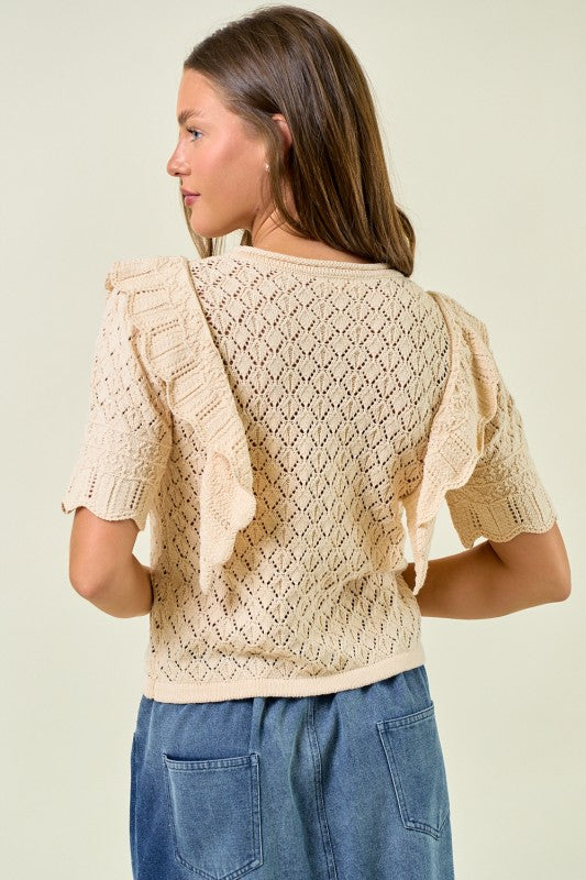 Cream Pointelle Ruffle Top