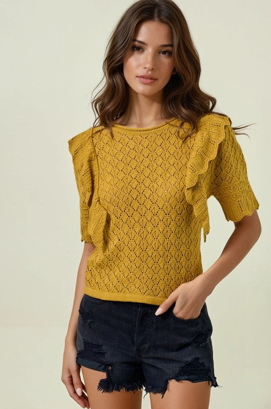 Chartreuse Pointelle Ruffle Top