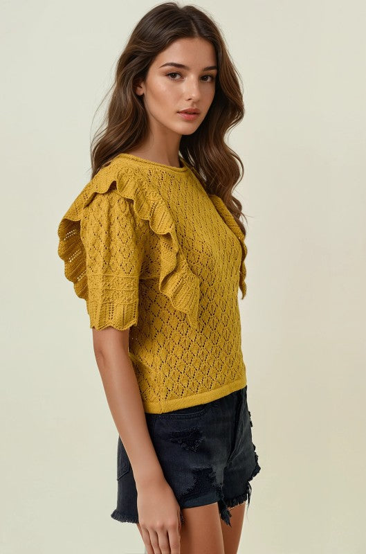 Chartreuse Pointelle Ruffle Top