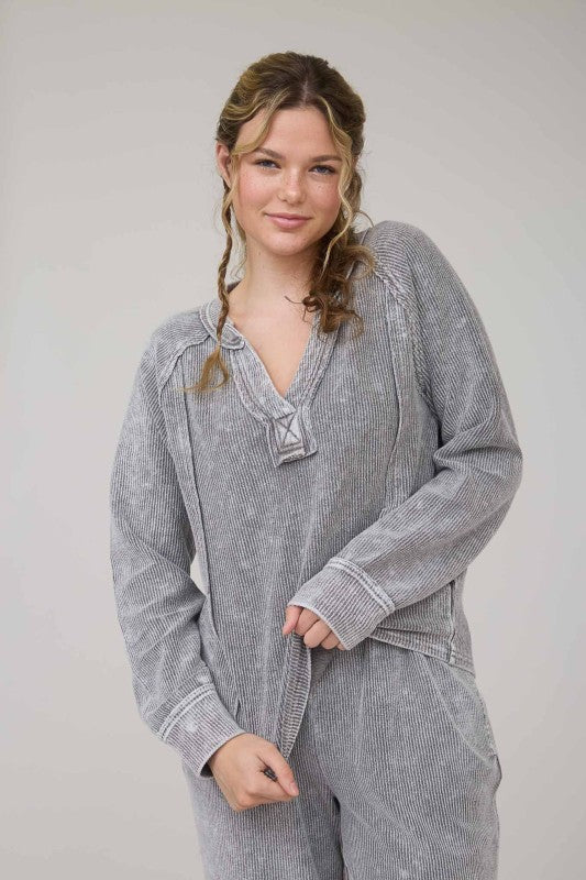 Charcoal Washed Split Neck Top
