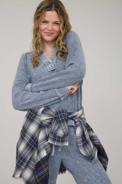 Indigo Blue Washed Split Neck Top
