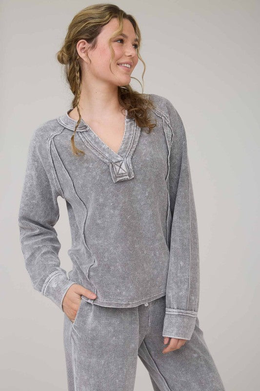 Charcoal Washed Split Neck Top