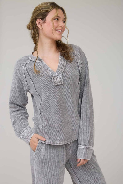 Charcoal Washed Split Neck Top