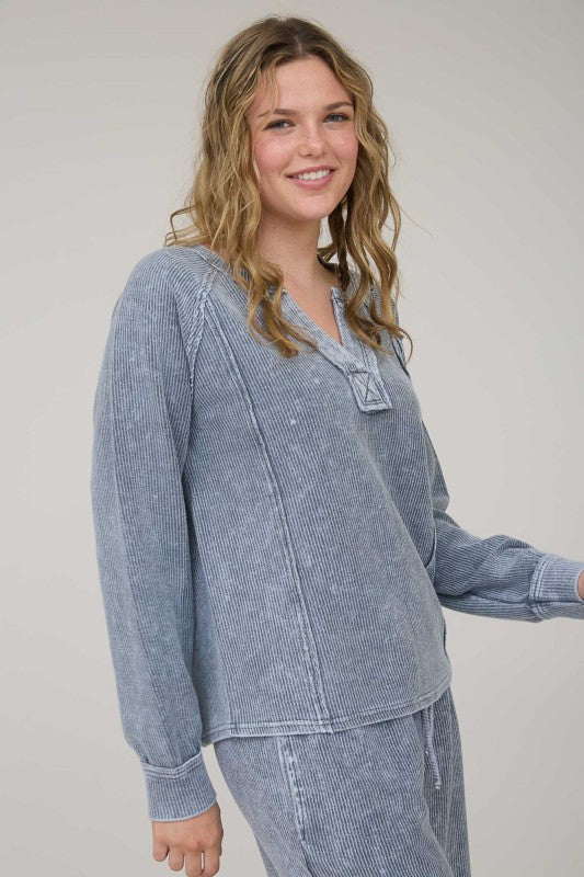 Indigo Blue Washed Split Neck Top
