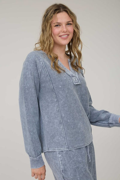 Indigo Blue Washed Split Neck Top
