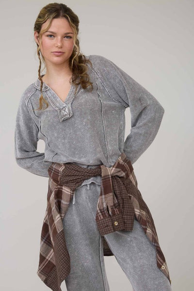 Charcoal Washed Split Neck Top